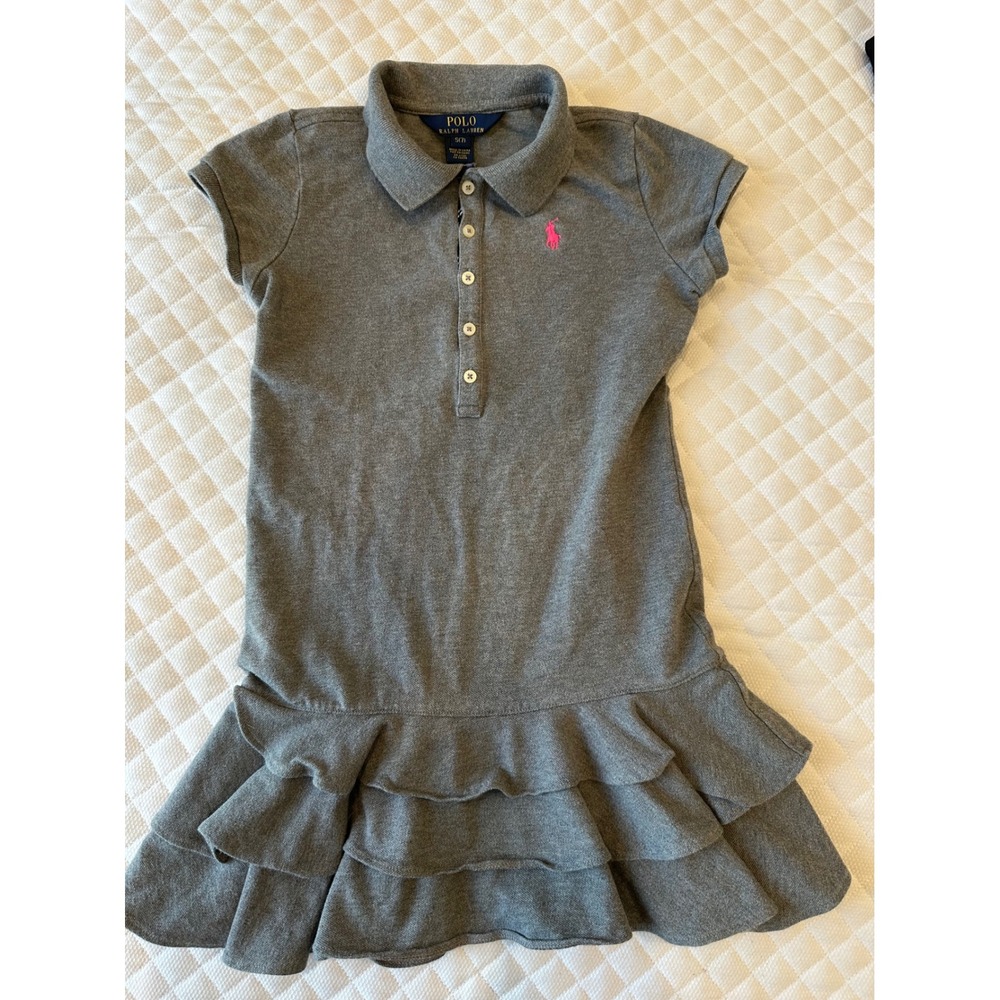 Polo Ralph Lauren Girls Gray Ruffle Hem Polo Dress Pink Pony Size S 7